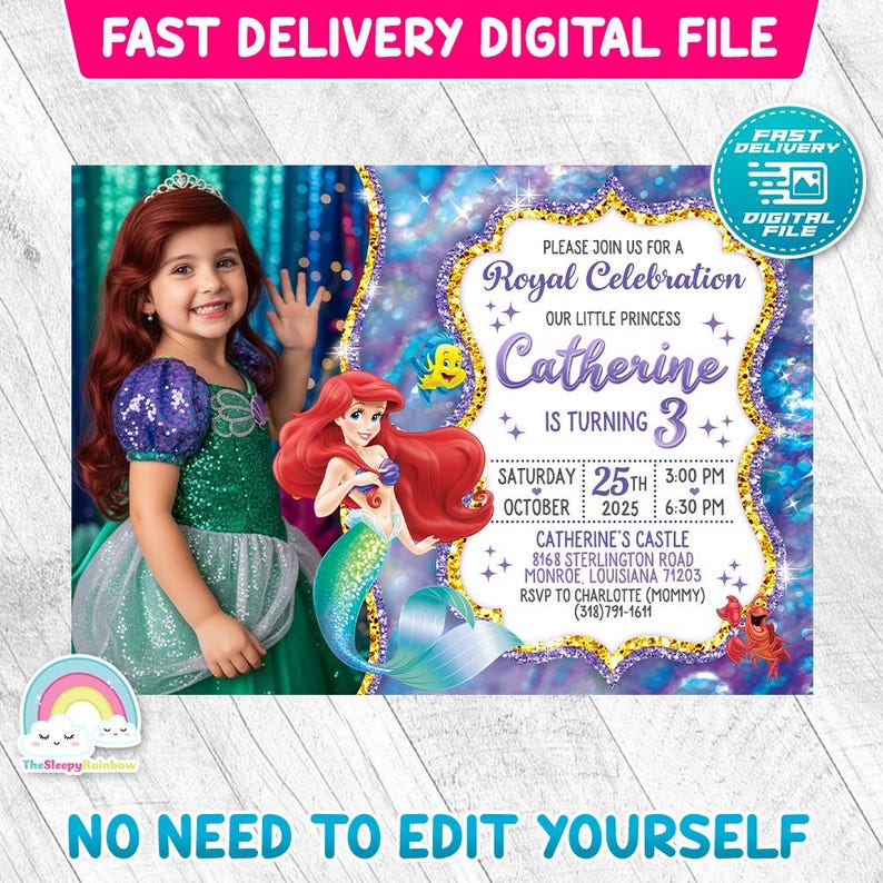 Little Mermaid Invitation Birthday Invite Party Mermaid Princess Ariel Invites Birthday Invitations with your child's picture image 2