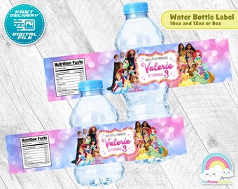 Etiqueta para botella de fiesta de cumpleaños de princesa, con purpurina dorada, hermosa etiqueta para envolver botellas de agua, decoración imprimible