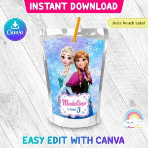 Étiquette de pochette de jus de fête d'anniversaire Elsa Anna La Reine des neiges Belle étiquette de jus de fruit Elsa La Reine des neiges scintillante Modèle canva imprimable facile à modifier