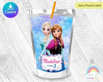 Frozen Elsa Anna Birthday Party Juice Pouch Label Beautiful Glitter Frozen Elsa Juice Label Printable Easy Edit Canva Template Editable File