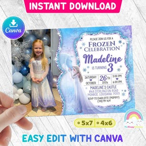Frozen 2 Elsa The Nokk Invitation Invito di compleanno Festa ELSA Nokk Inviti con la foto del tuo bambino Modello Canva di facile modifica File modificabile