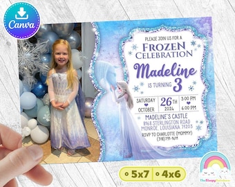 May include: A Frozen-themed birthday invitation with a blue and purple background. The invitation features a photo of a young girl dressed as Elsa from Frozen, a picture of Elsa and Olaf, and the text "Please join us for a Frozen Celebration Madeline is turning 3". The invitation also includes the date, time, and location of the party.