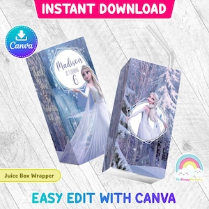 Elsa White Dress Elegant Birthday Party 6 oz Juice Box Wrapper Frozen Olaf Juice Box Label Printable Easy Edit Canva Template Editable File