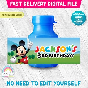May include: A blue bubble bottle with a custom label featuring Mickey Mouse and the text "Jackson's 3rd Birthday!". The label is set against a green and blue background. The image also includes the text "Fast Delivery Digital File".