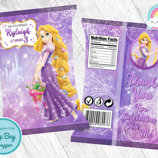 Princess Rapunzel Birthday Party Chip Bags Wrapper Label Tangled Birthday Snack Bag Printable