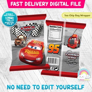 Cars Birthday Party Chip Bags Wrapper Label Race Car Lightning McQueen Mater Snack Bag Printable Decoration