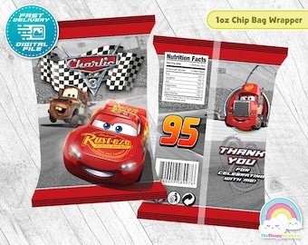 Etiqueta para embalagem de salgadinhos para festa de aniversário de carros, carro de corrida, Relâmpago McQueen, saco de lanche, decoração para impressão