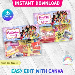 Princess Birthday Party Treats Bag Label All Princess Favor Frozen plastic Bag Toppers Printable Easy Edit Editable File Canva Template