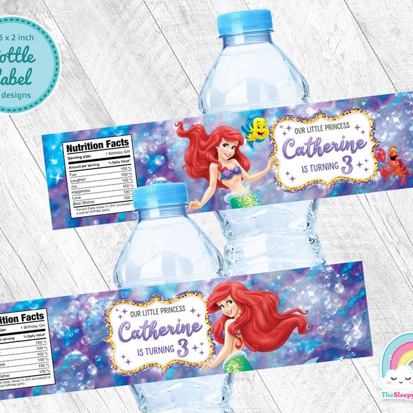 Little Mermaid Birthday Party Bottle Label Little Mermaid Ariel Water Bottle Wrapper Label Printable