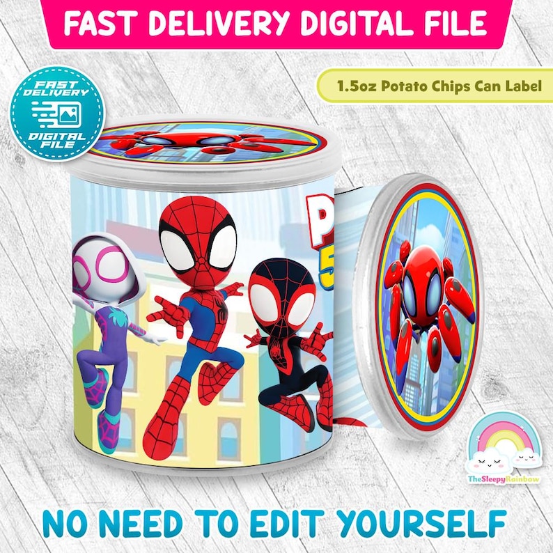 May include: A digital file for a 1.5oz potato chips can label featuring cartoon characters Ghost-Spider, Spider-Man, and Spin against a city background. The design includes a circular top lid graphic and a side label with a red spider icon.
