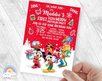 May include: A red Christmas-themed birthday party invitation featuring Mickey and Minnie Mouse, Donald Duck, Pluto, and Goofy. The invitation includes the text "Maddie's First Very Merry Birthday Party" and event details.