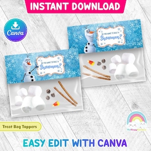 Olaf Frozen Vuoi costruire un pupazzo di neve Festa di compleanno Etichetta per sacchetti di dolcetti Olaf Favore Frozen Toppers per sacchetti di plastica Stampabile Modifica modello Canva