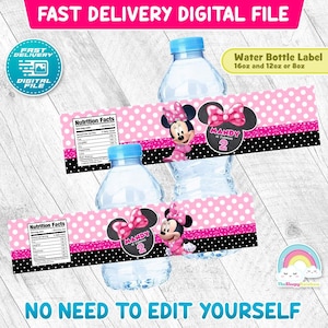 Minnie Mouse Birthday Party Bottle Label Minnie Pink Water Bottle Wrapper Label Printable Decoration