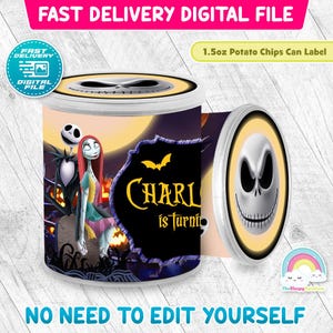 May include: A digitally designed potato chip can label featuring characters from The Nightmare Before Christmas. The label includes Jack Skellington, Sally, and the text "CHARL is turning". The can is designed for 1.5oz of chips.