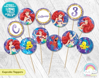Little Mermaid cupcake toppers 2 inch round Birthday Party Printable Ariel Mermaid 2 inch circle Sticker cupcake topper Decoration