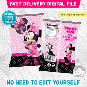 Minnie Mouse Birthday Party Chip Bags Wrapper Label Minnie Mouse Chalk Bowtique Birthday Bow Snack Bag Printable Decoration