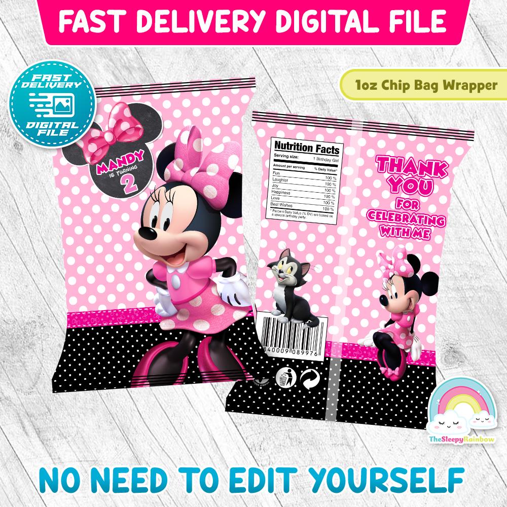 Minnie Mouse Birthday Party Chip Bags Wrapper Label Minnie Mouse Chalk Bowtique Birthday Bow Snack Bag Printable Decoration