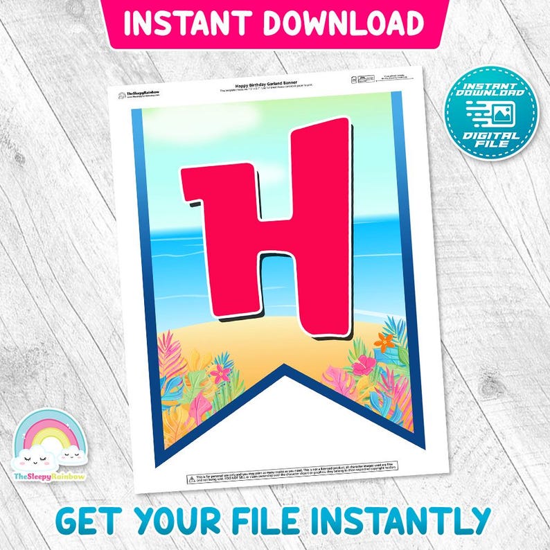 May include: A printable birthday banner with a large red letter "H" against a beach scene background. The banner has a blue border and includes the text "Happy Birthday Garland Banner". The words "Instant Download" are also visible.