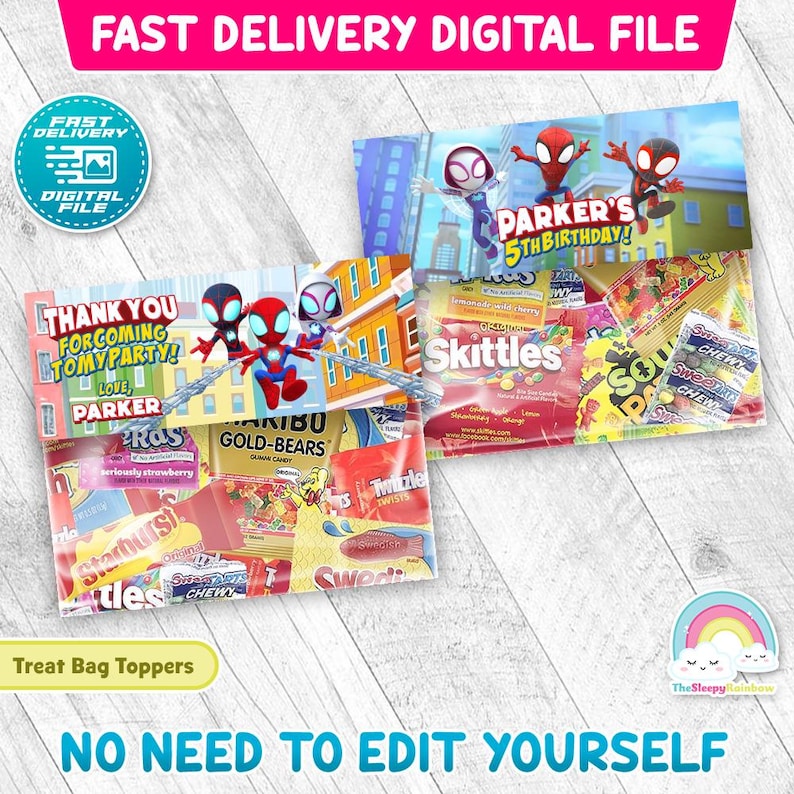 May include: Two treat bag toppers with a Spider-Man theme. One says "Thank You For Coming To My Party! Love, Parker" and the other says "Parker's 5th Birthday!". The bags are filled with candy.