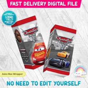 Cars Birthday Party 6 oz Juice Box Wrapper Race Cars Juice Box Label Printable Lightning Mc Queen after Decoration