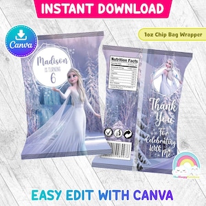 Etichetta per sacchetti di patatine per feste di compleanno con vestito bianco di Elsa Etichetta per sacchetti di snack congelati di Elsa Stampabile Facile da modificare Modello Canva File modificabile