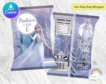 Etiqueta para envoltorio de bolsas de papas fritas con vestido blanco de Elsa para fiesta de cumpleaños, bolsa de refrigerio de Elsa Frozen, plantilla de Canva fácil de editar e imprimible, archivo editable