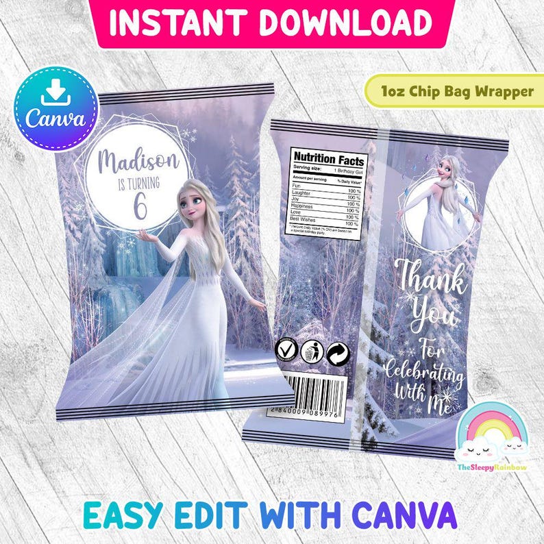 Puede incluir: Un envoltorio de bolsa de chips de 1 oz imprimible con tem&aacute;tica de Frozen. El envoltorio tiene un fondo azul y blanco con una imagen de Elsa de la pel&iacute;cula Frozen. El texto en el envoltorio dice "Madison cumple 6 a&ntilde;os" y "Gracias por celebrar conmigo".
