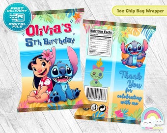 Etiqueta para envoltorio de bolsas de papas fritas para fiesta de cumpleaños de Lilo y Stitch, bolsa de refrigerio de Lilo Stitch, decoración imprimible