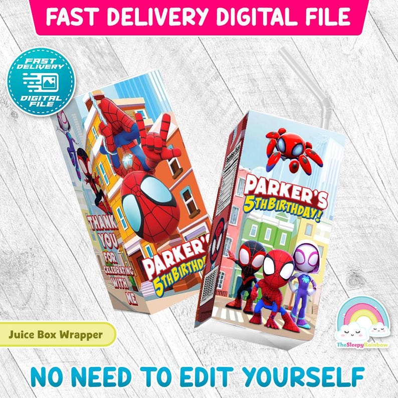 Spidey and His Amazing Friends Birthday Party 6 oz Juice Box Wrapper Label Printable Decoration Spiderman image 1