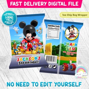 May include: A digital file for a 1oz chip bag wrapper featuring Mickey Mouse and friends. The design includes the text "Jackson's 3rd Birthday!" and "Thank You for Celebrating with Me!" with a rainbow and a race car.