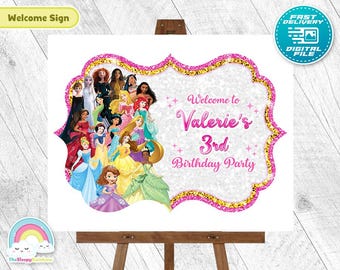 Prinzessin Willkommen Geburtstagsschild All Princess Schön Gold Glitzer Türschild Poster Geburtstagsparty druckbare Dekoration