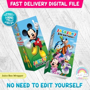May include: Two juice box wrappers featuring Mickey Mouse and friends. One wrapper says "Thank You" and "Jackson's 3rd Birthday!" with a blue sky background. The other wrapper says "Jackson's 3rd Birthday!" with a group of Disney characters.