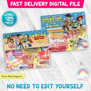 May include: Two treat bag toppers with a Toy Story theme. One says "Nolan is turning 4" with character graphics. The other says "Thank you for celebrating with me, Love, Nolan." Both are filled with sweets.