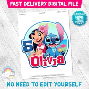 Puede incluir: Un archivo digital con una ilustraci&oacute;n de dibujos animados de Lilo y Stitch, con el nombre "Olivia" y el n&uacute;mero "5". El dise&ntilde;o incluye una flor rosa y un fondo azul. El texto dice "Entrega r&aacute;pida archivo digital" y "No es necesario editarse".