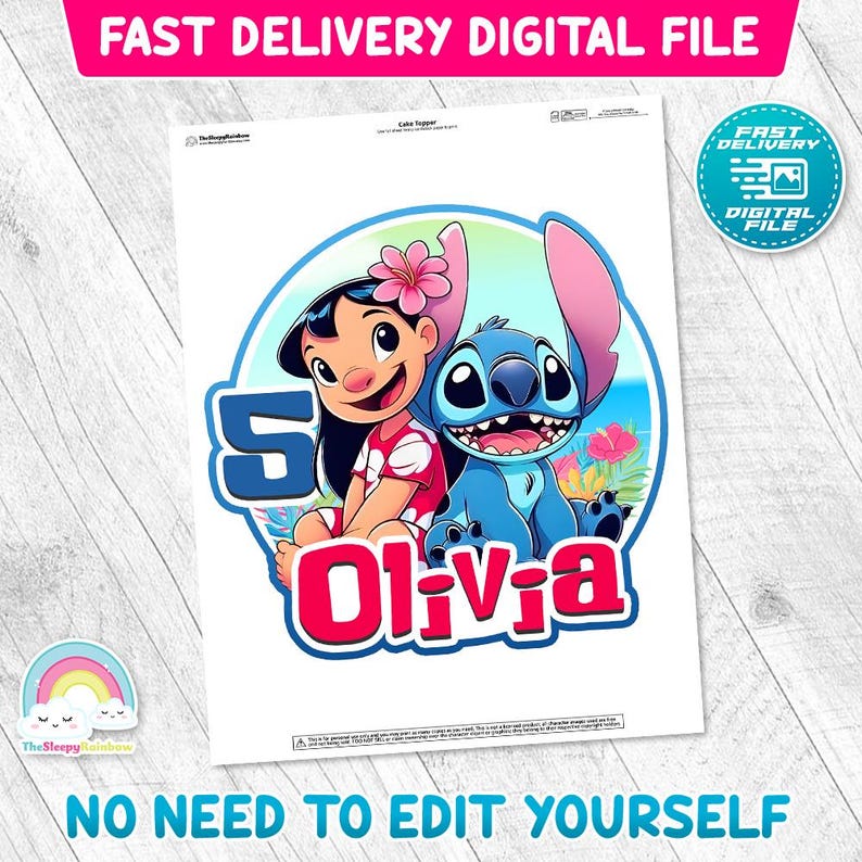 Puede incluir: Un archivo digital con una ilustraci&oacute;n de dibujos animados de Lilo y Stitch, con el nombre "Olivia" y el n&uacute;mero "5". El dise&ntilde;o incluye una flor rosa y un fondo azul. El texto dice "Entrega r&aacute;pida archivo digital" y "No es necesario editarse".
