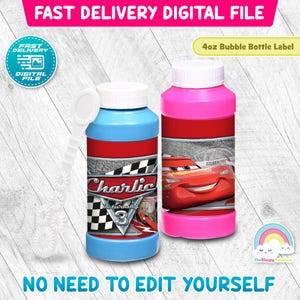 Cars Birthday Party 4 oz Bubble Bottle Label Race Car Lightning McQueen Mater Standard Bubble Bottle Label Printable Decoration