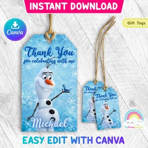 Étiquettes pour cadeaux de fête d'anniversaire Olaf Frozen Boy Bruni