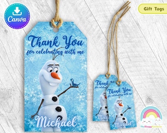 Olaf Frozen Boy Bruni Birthday Party Favor Tags Olaf Frozen Boy Bruni Lizard Fire Gift Treats Tags Thank you Label Easy Edit Canva Template