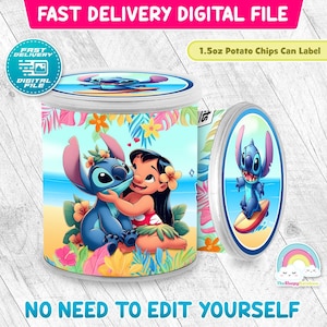 May include: A decorative potato chip can label with a beach scene featuring Lilo and Stitch. The label includes the text "1.5oz Potato Chips Can Label" and "Fast Delivery Digital File".