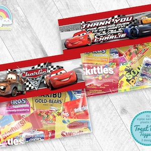 車の誕生日パーティーのお菓子バッグラベルレースカーライトニング・マックィーンの記念品プラスチックバッグトッパー印刷可能