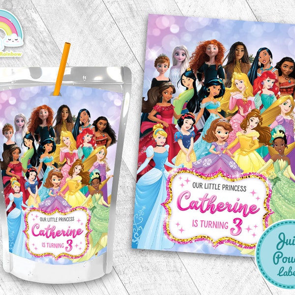 Princess Birthday Party Juice Pouch Label Beautiful Glitter All Princess Juice Label Printable