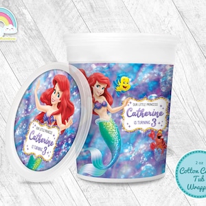 Little Mermaid Birthday Party Cotton Candy Tub Wrapper Label Little Mermaid Ariel 2 oz Cotton candy Printable