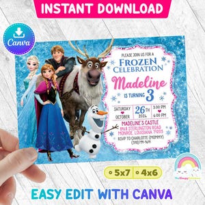 Pode incluir: Convite para uma festa de aniversário com tema Frozen com fundo azul. O convite apresenta imagens de Elsa, Anna, Olaf, Kristoff e Sven. O texto do convite diz: "Por favor, junte-se a nós para uma celebração Frozen Madeline está completando 3 anos. Sábado, 26 de outubro de 2024, 15:00 - 18:00. O castelo de Madeline, 8168 Sterlington Road, Monroe, Louisiana 71203. RSVP para Charlotte (Mamãe) (318)791-1611."