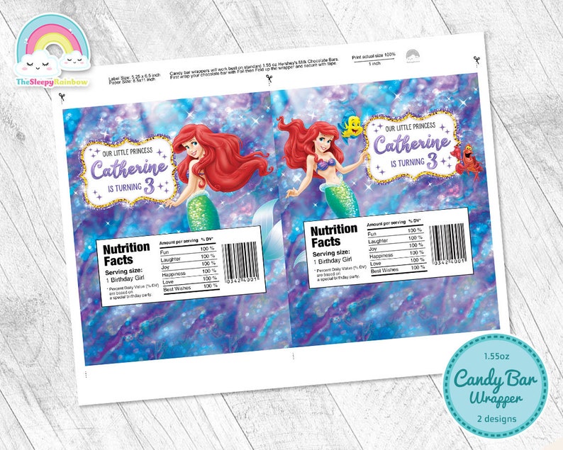 Little Mermaid Birthday Party Candy Bar Wrapper Little Mermaid Ariel Chocolate Bar Wrapper Label Printable