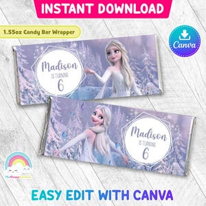 Puede incluir: Envoltorio de barra de caramelo imprimible de 1,55 onzas con un tema de Frozen con una imagen de Elsa. El envoltorio es personalizable con el texto "Madison cumple 6 años".