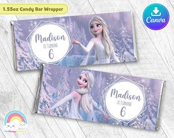 Envoltorio de barra de chocolate con vestido blanco de Elsa para fiesta de cumpleaños, etiqueta de envoltorio de barra de chocolate de Elsa Frozen, plantilla de Canva fácil de editar, archivo editable