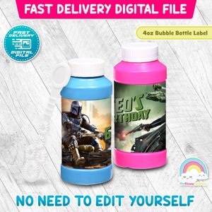 May include: Two bubble bottles with white lids. One is blue with a Mandalorian graphic and the number 6. The other is pink with the text "Ed's Birthday" and a Star Wars graphic. The text "Fast Delivery Digital File" is at the top.