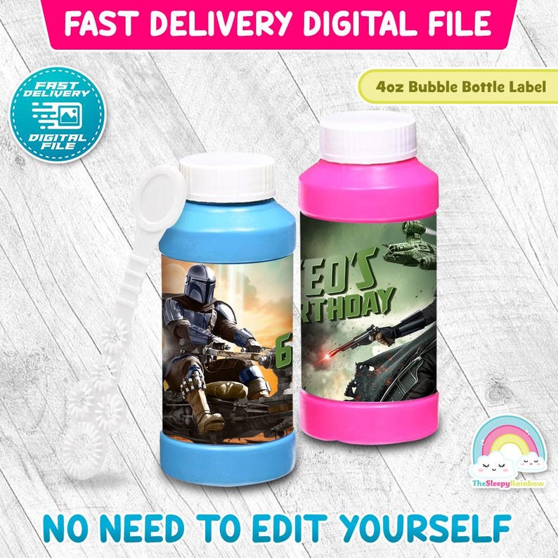 May include: Two bubble bottles with white lids. One is blue with a Mandalorian graphic and the number 6. The other is pink with the text "Ed's Birthday" and a Star Wars graphic. The text "Fast Delivery Digital File" is at the top.