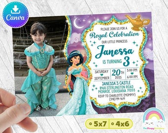 Princess Jasmine Invitation Birthday Invite Party Aladdin Invites Birthday Invitations with your child&#39;s picture Editable Canva Template