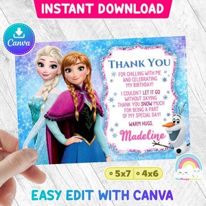 Tarjeta de agradecimiento de cumpleaños de Frozen Elsa Anna Invitaciones de Frozen Anna Elsa Olaf Tarjeta de agradecimiento de cumpleaños Plantilla de Canva de fácil edición Archivo editable